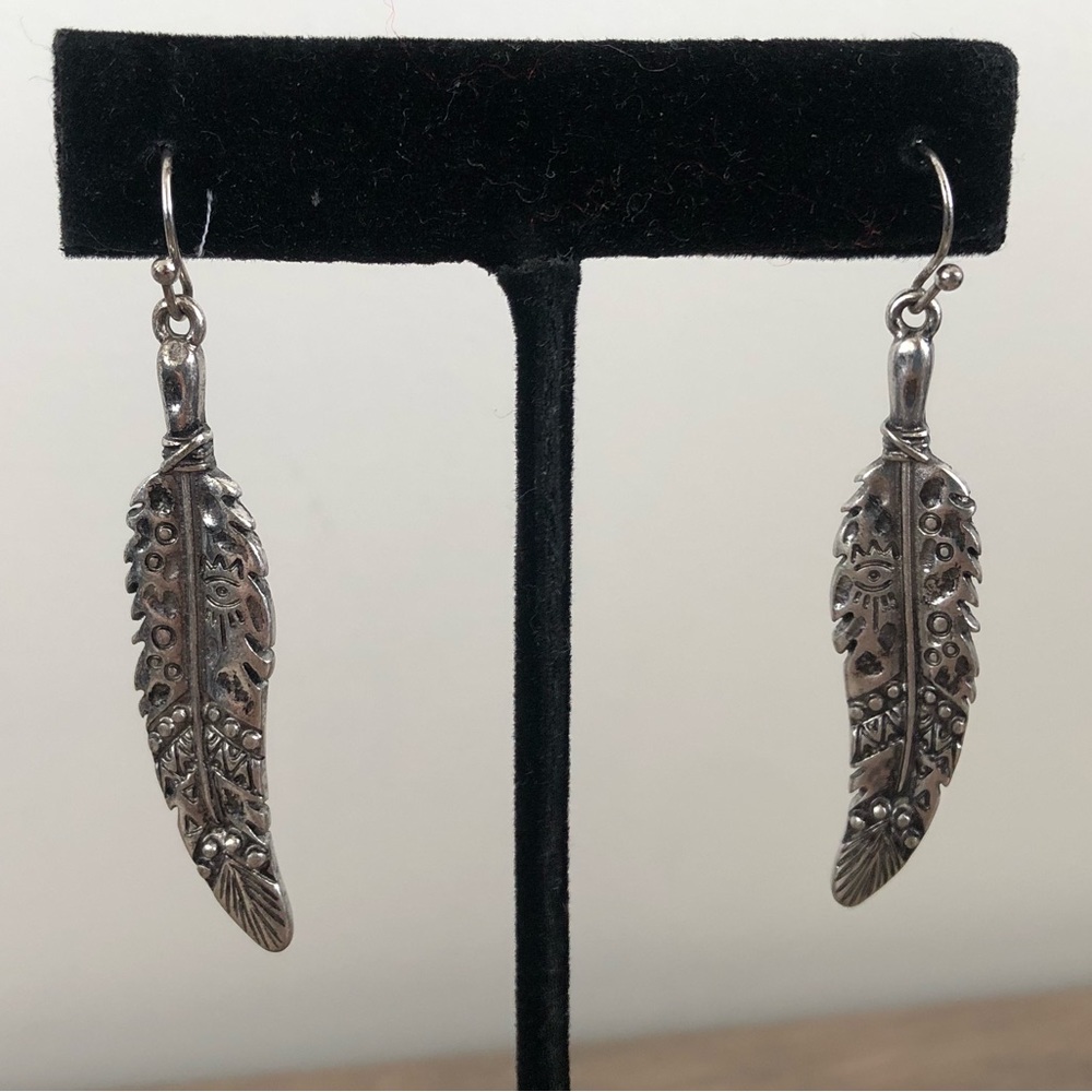 Silver Feather Earrings with a Design on the Feather